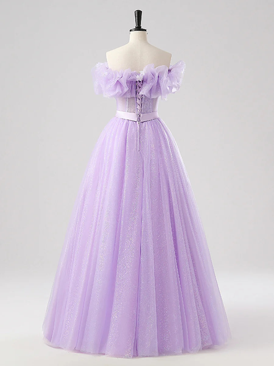 Beautiful Purple Tulle Lace-up Off the Shoulder Floor Length Prom Dress Party Dress