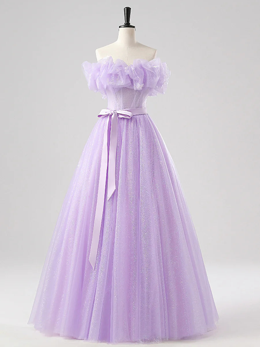 Beautiful Purple Tulle Lace-up Off the Shoulder Floor Length Prom Dress Party Dress