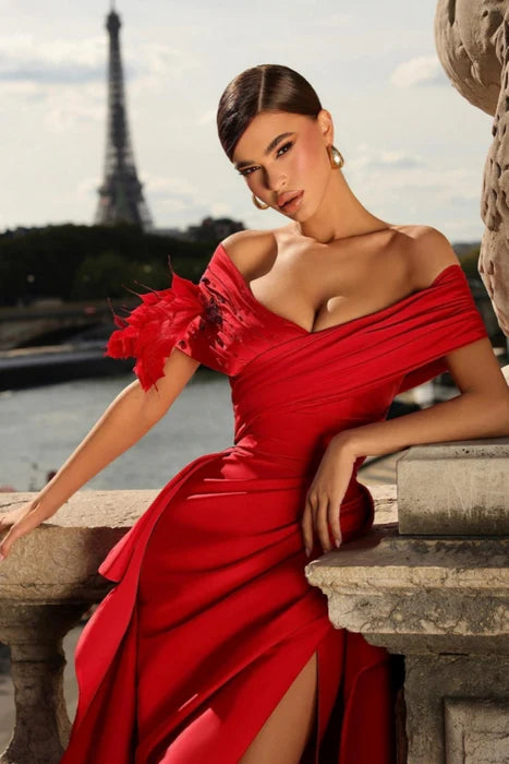 Beautiful Red Satin A-Line V Neck Off-the-Shoulder High-Split Ruched Flower Long Prom Dress
