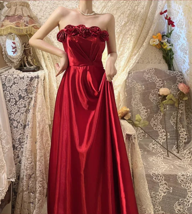 Beautiful Red Satin Strapless Three-dimensional Rose A-line Long Evening Dress Prom Dress
