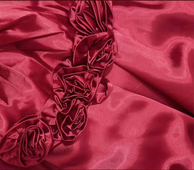 Beautiful Red Satin Strapless Three-dimensional Rose A-line Long Evening Dress Prom Dress