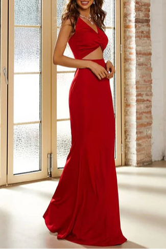 Beautiful Red Twist-Front V Neck Sleeveless Mermaid Cut Out Floor Length Long Evening Dress
