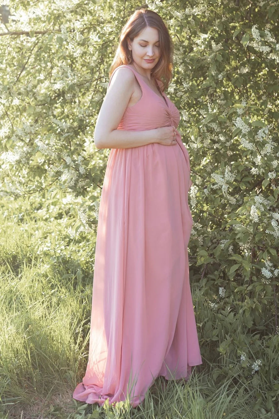 Beautiful Rose Chiffon Twist-Front Sleeveless Maternity Bridesmaid Dress
