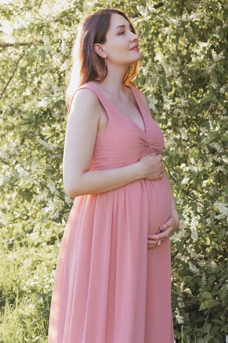 Beautiful Rose Chiffon Twist-Front Sleeveless Maternity Bridesmaid Dress