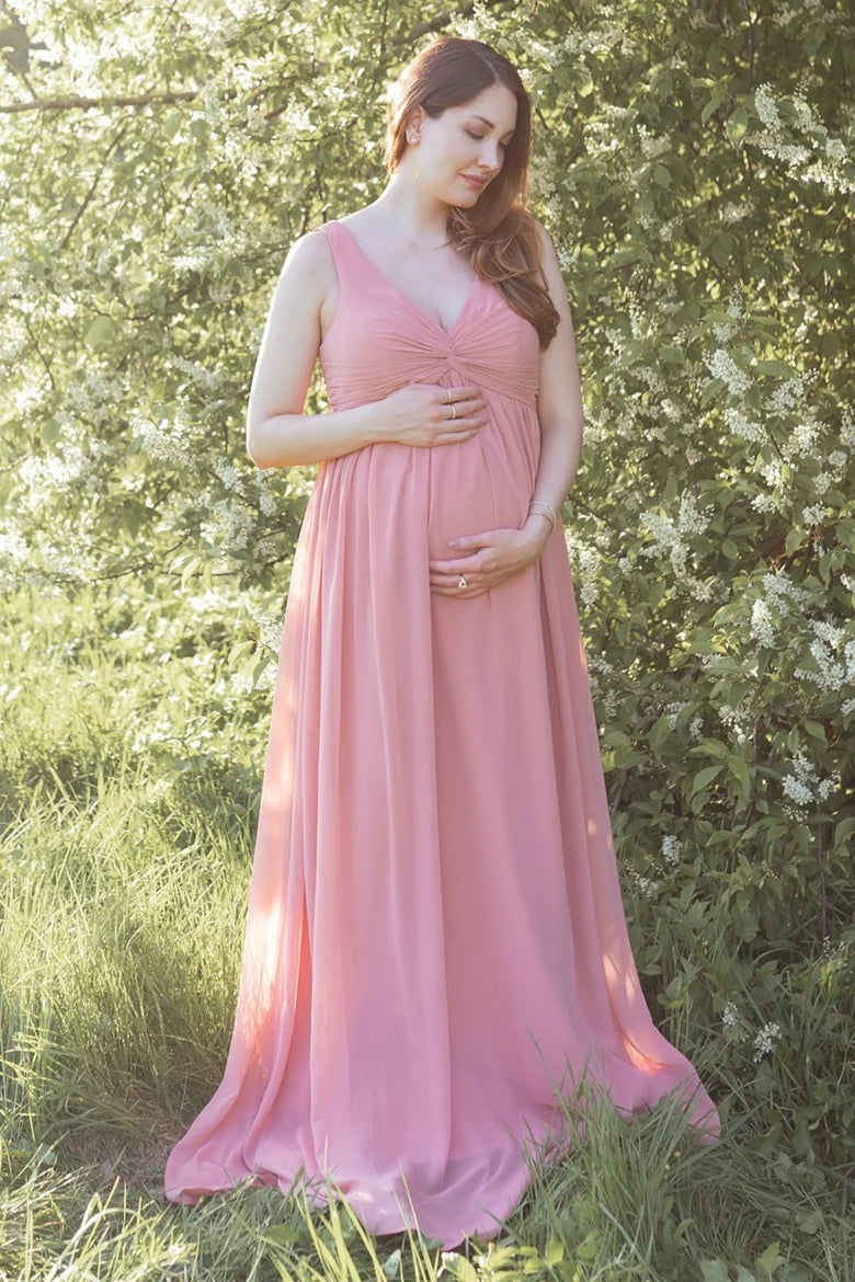 Beautiful Rose Chiffon Twist-Front Sleeveless Maternity Bridesmaid Dress