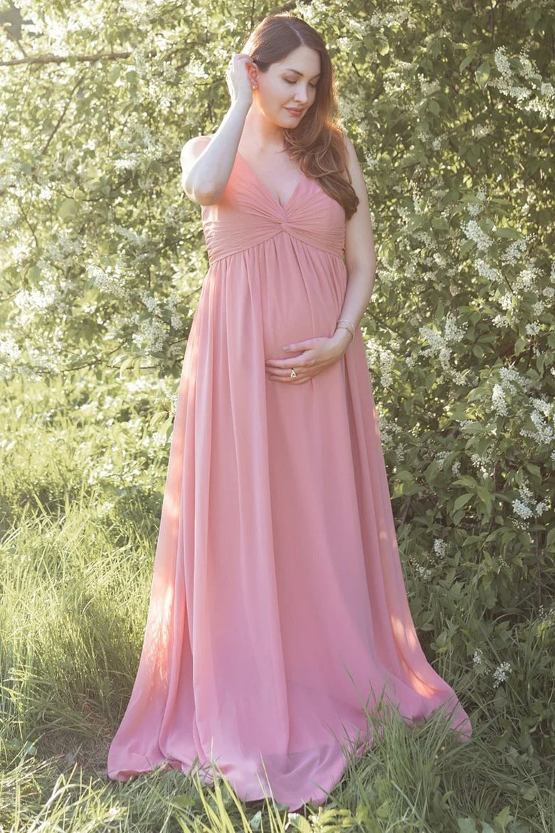 Beautiful Rose Chiffon Twist-Front Sleeveless Maternity Bridesmaid Dress