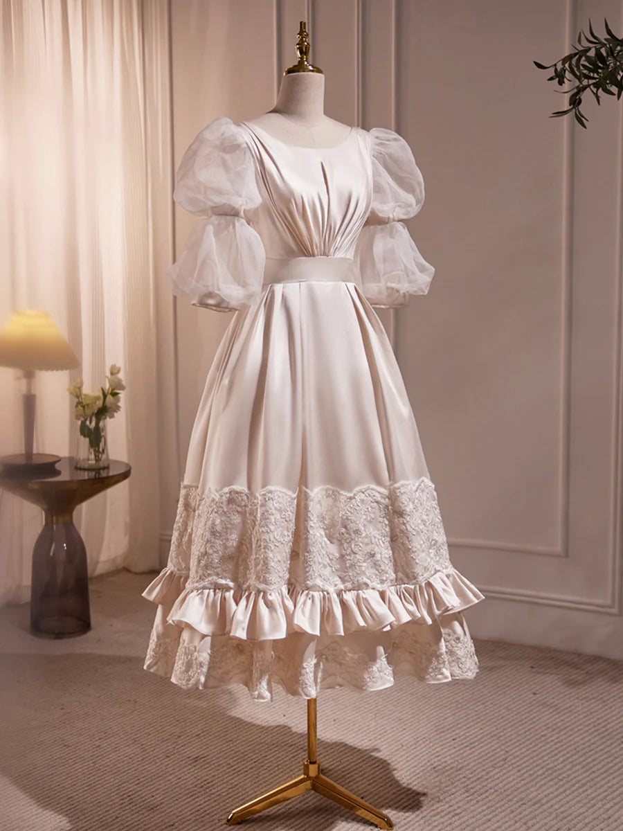 Beautiful Satin Lace Scoop Neck A-Line Puff Short Sleeve Tea Length Homecoming Dress Prom Dress