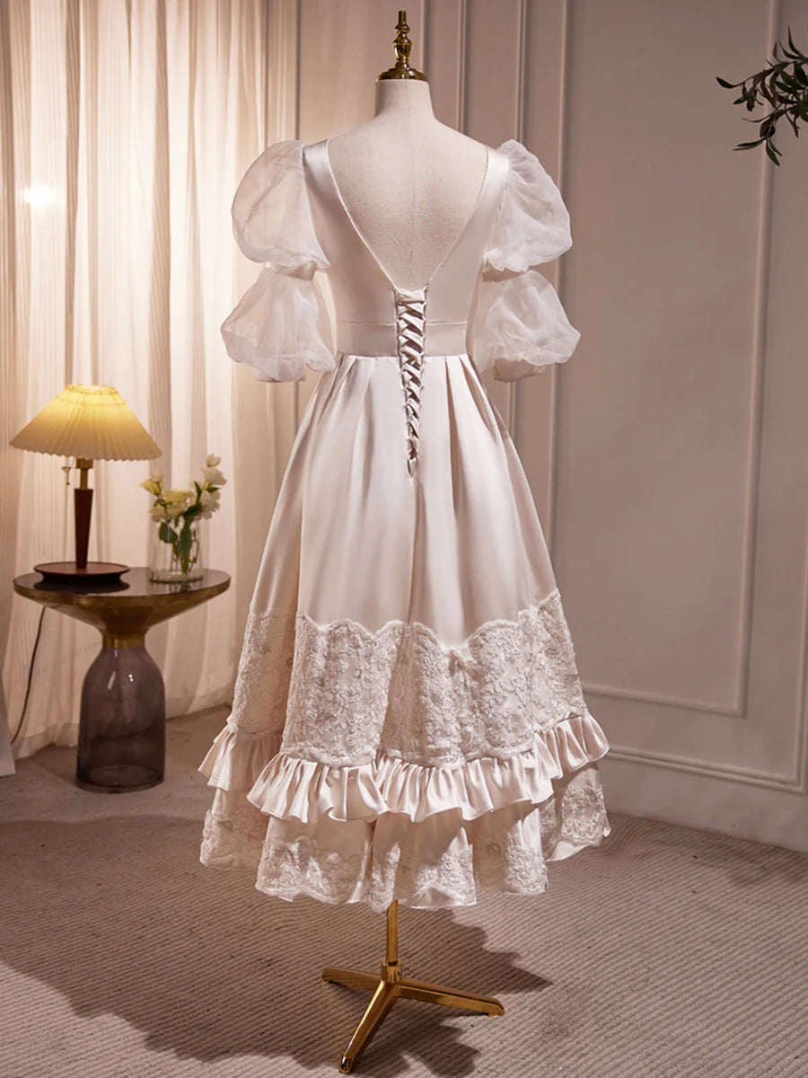 Beautiful Satin Lace Scoop Neck A-Line Puff Short Sleeve Tea Length Homecoming Dress Prom Dress