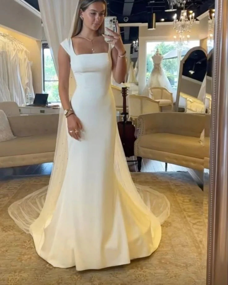 Beautiful Simple Wedding Dress Square Neck Floor Length Bride Dress For Women No Veils
