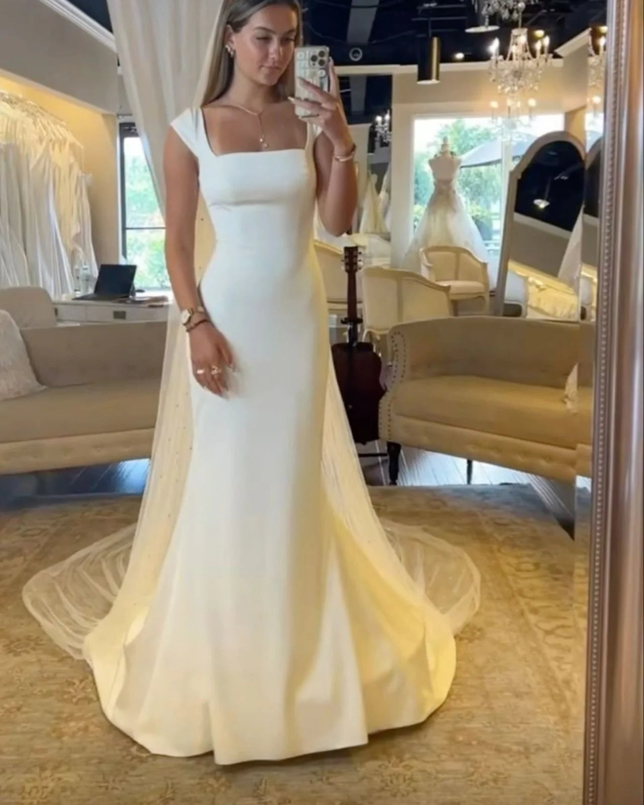 Beautiful Simple Wedding Dress Square Neck Floor Length Bride Dress For Women No Veils