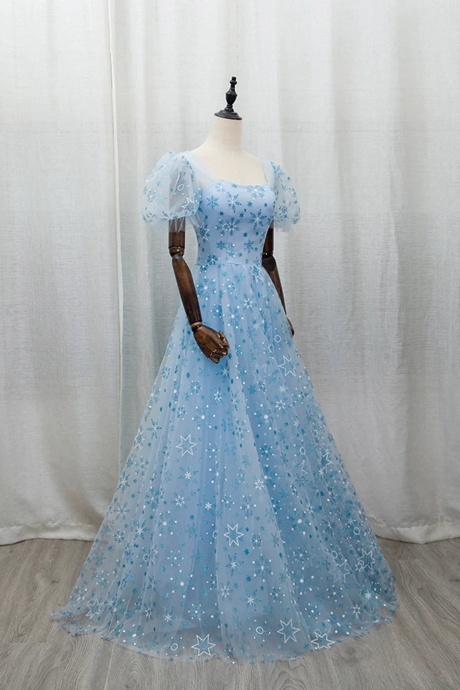 Beautiful Sky Blue Tulle Snowflake Print A-Line Long Prom Dress Evening Party Dress