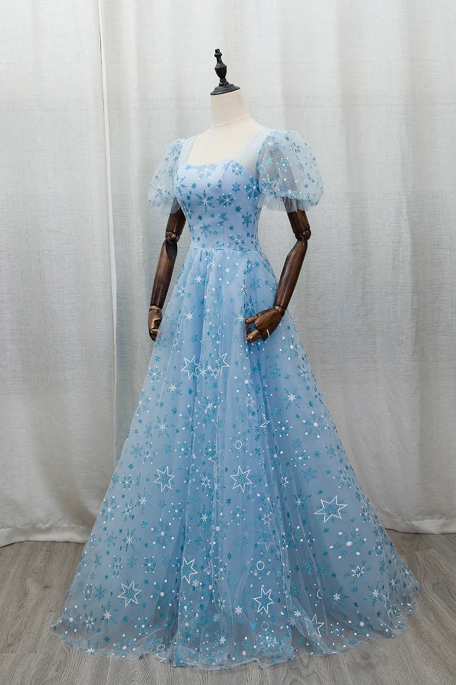 Beautiful Sky Blue Tulle Snowflake Print A-Line Long Prom Dress Evening Party Dress