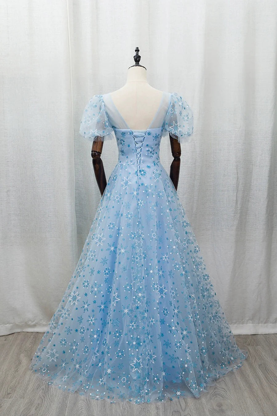 Beautiful Sky Blue Tulle Snowflake Print A-Line Long Prom Dress Evening Party Dress