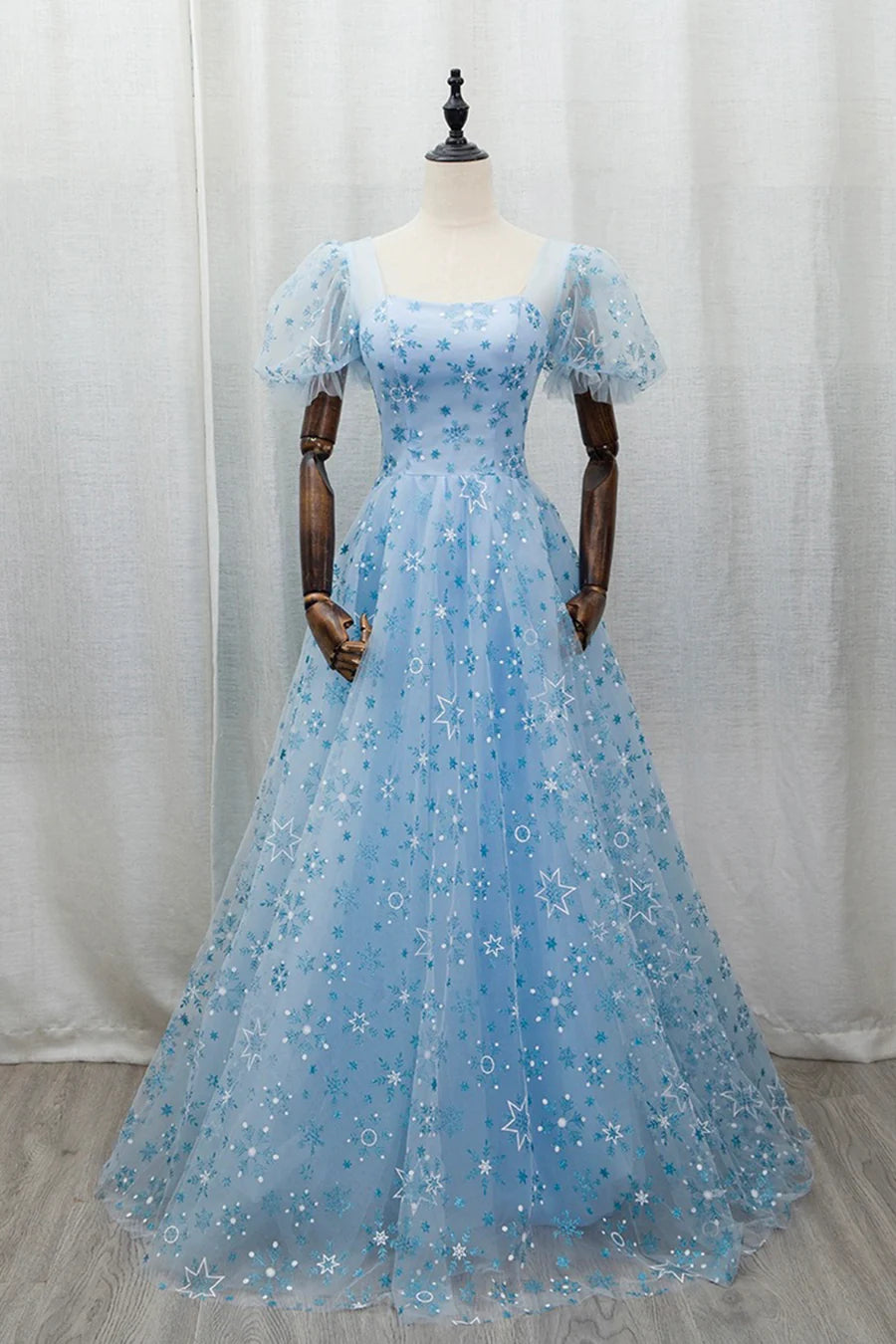 Beautiful Sky Blue Tulle Snowflake Print A-Line Long Prom Dress Evening Party Dress