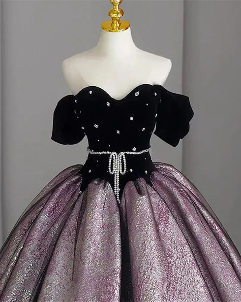 Beautiful Tiered Tulle Off Shoulder Beaded A-line Long Formal Dress