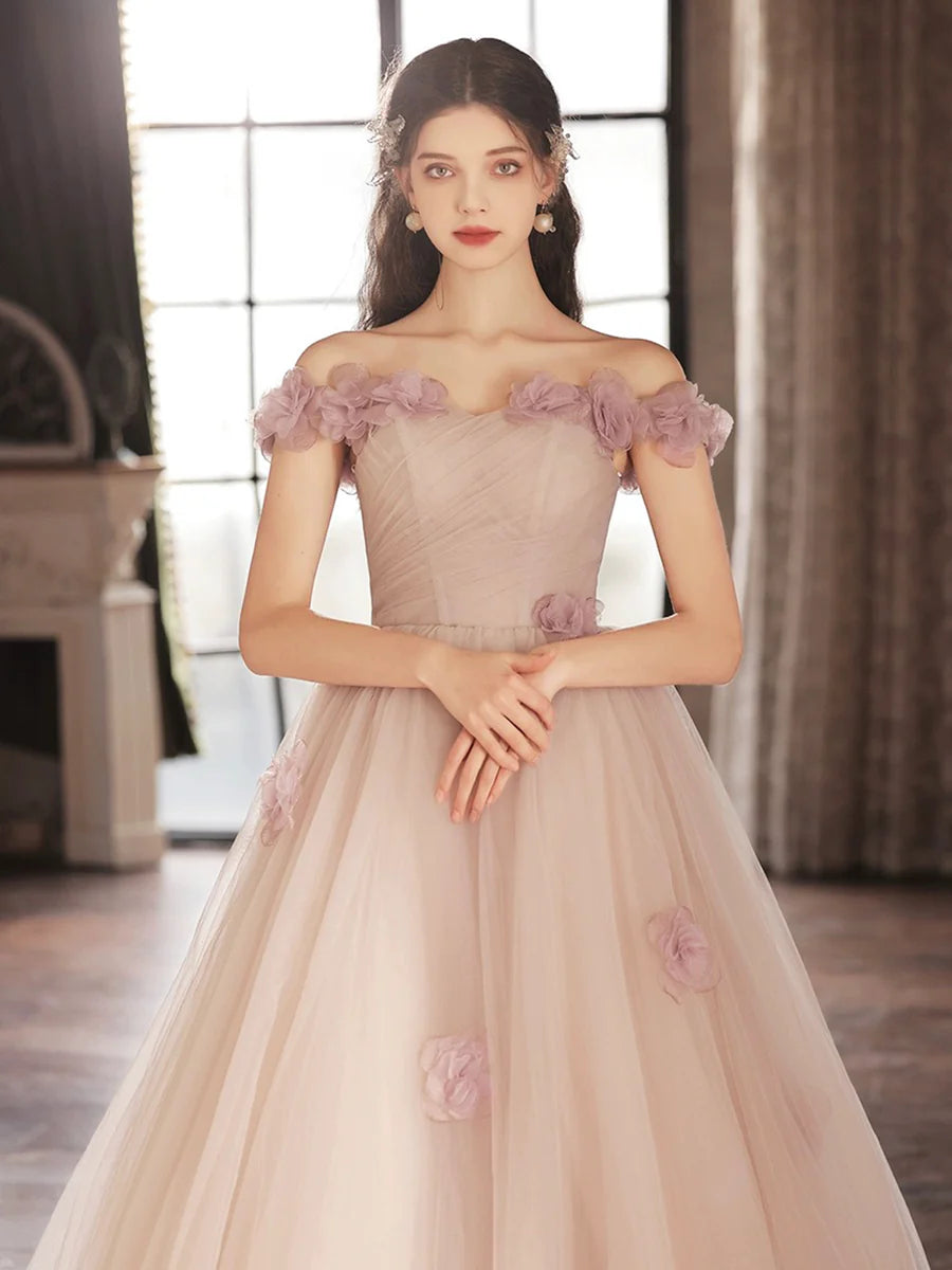Beautiful Tulle with Flowers Off Shoulder A-Line Long Prom Dress Evening Party Dress
