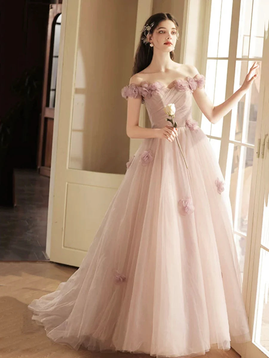 Beautiful Tulle with Flowers Off Shoulder A-Line Long Prom Dress Evening Party Dress