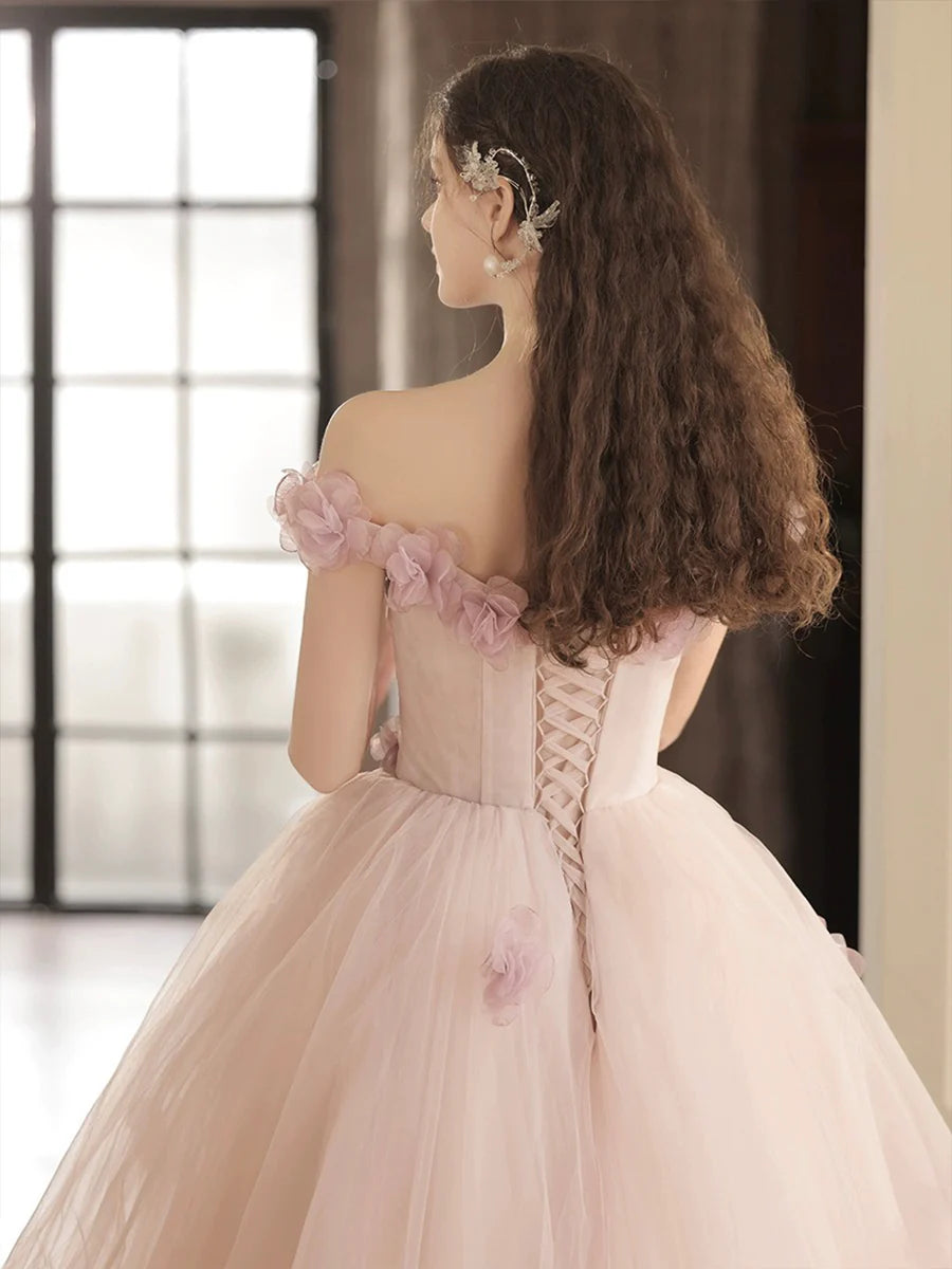 Beautiful Tulle with Flowers Off Shoulder A-Line Long Prom Dress Evening Party Dress