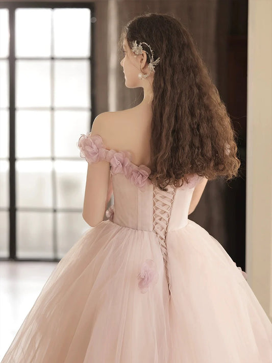 Beautiful Tulle with Flowers Off Shoulder A-Line Long Prom Dress Evening Party Dress
