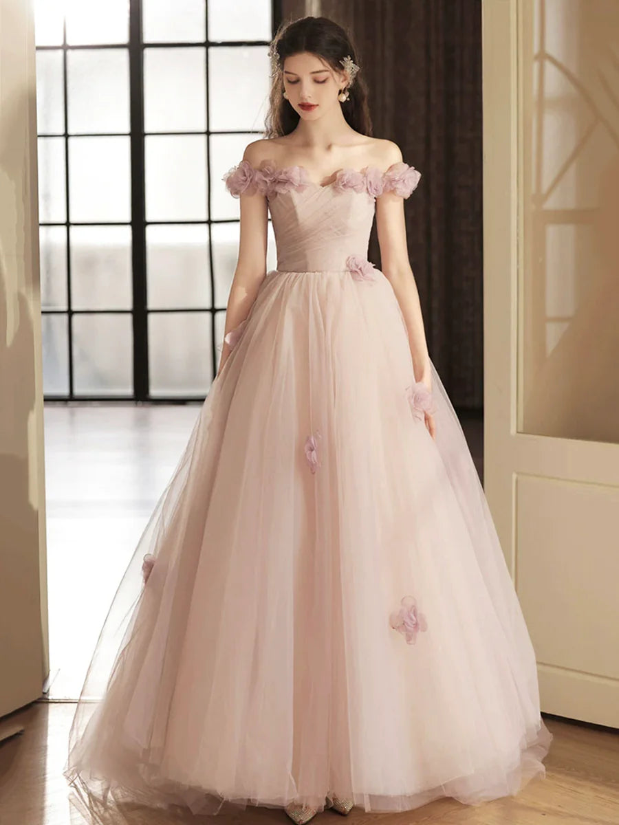 Beautiful Tulle with Flowers Off Shoulder A-Line Long Prom Dress Evening Party Dress