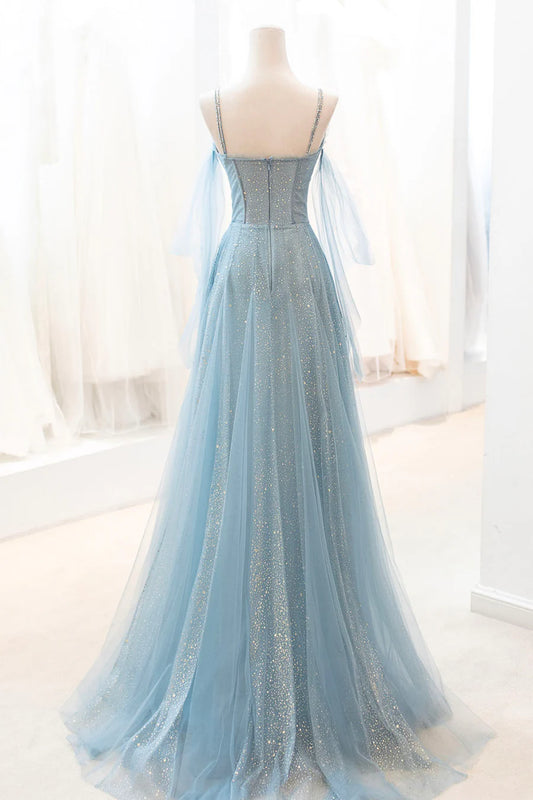 Beautiful V-Neck Spaghetti Strap Beaded Sequins Tulle Blue Long Prom Dress
