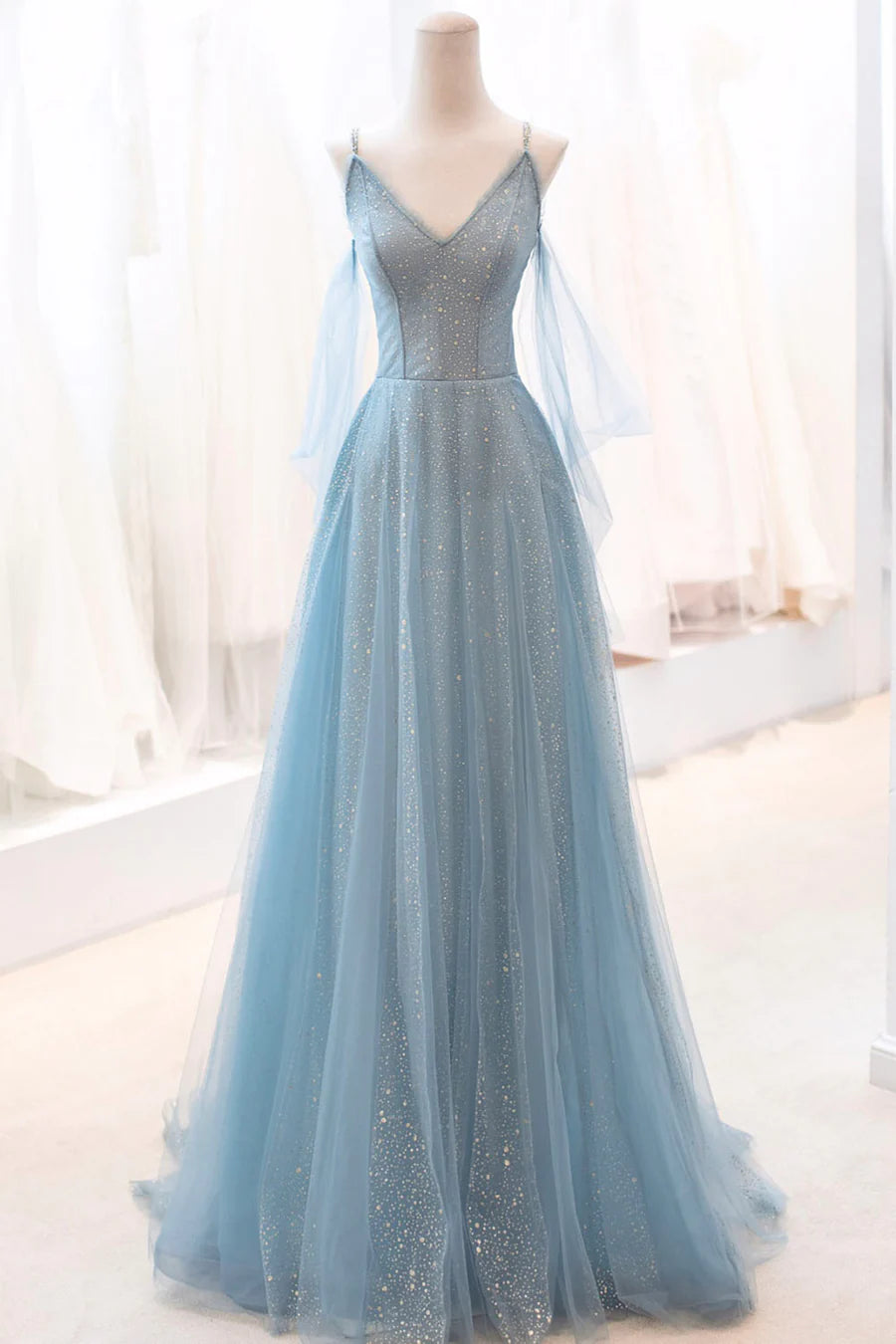 Beautiful V-Neck Spaghetti Strap Beaded Sequins Tulle Blue Long Prom Dress
