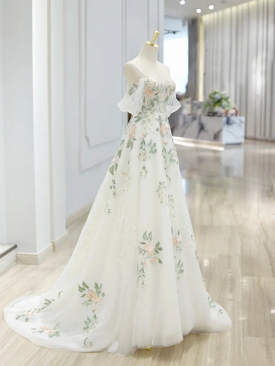 Beautiful White Lace With Floral A-Line Floor Length Prom Dress Evening Party Dress