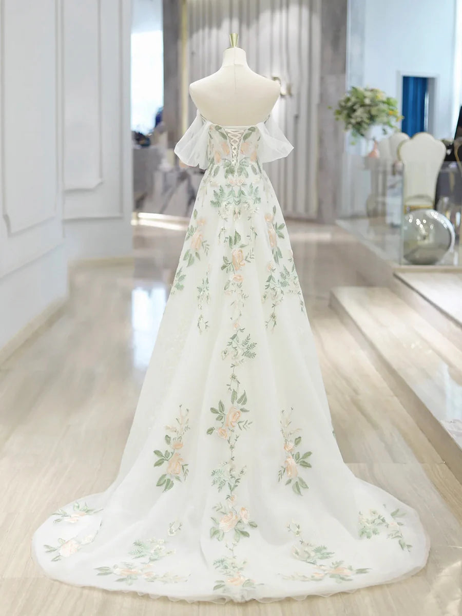 Beautiful White Lace With Floral A-Line Floor Length Prom Dress Evening Party Dress