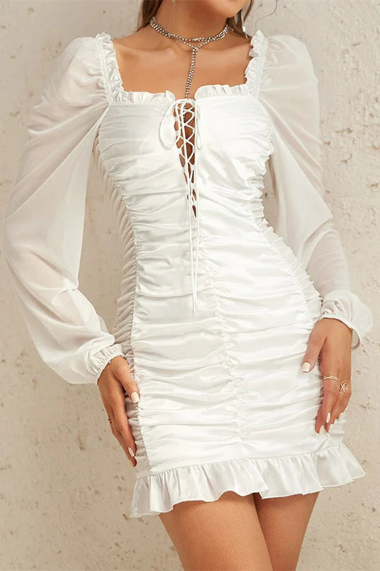 Beautiful White Pleated Square Neck Long Sleeves Lace-Up Ruffle Mini Dress Party Dress