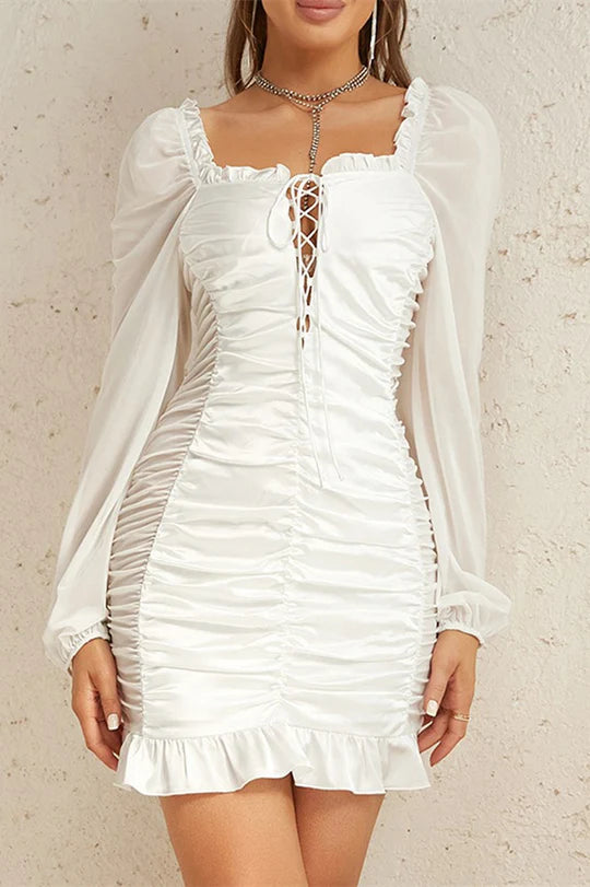 Beautiful White Pleated Square Neck Long Sleeves Lace-Up Ruffle Mini Dress Party Dress