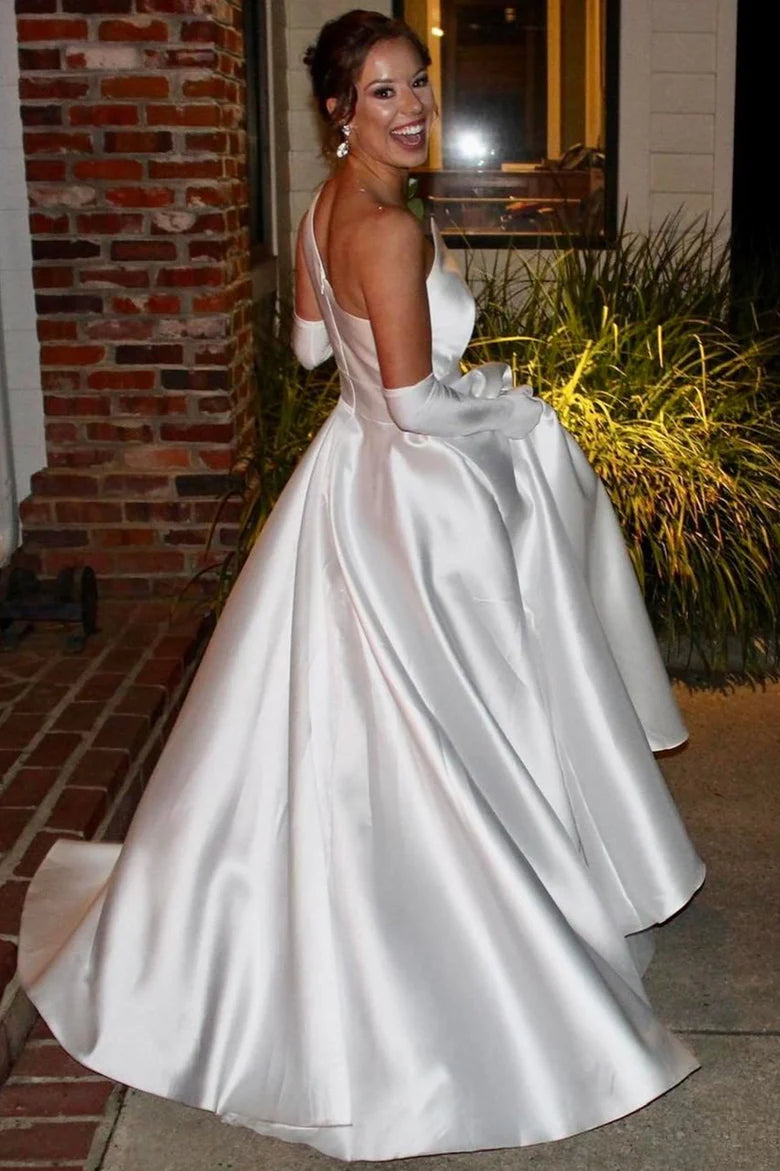 Beautiful White Satin One shoulder Back Zipper Asymmetrical A-Line Long Wedding Dress