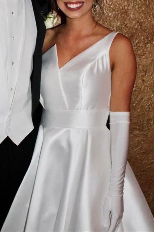 Beautiful White Satin One shoulder Back Zipper Asymmetrical A-Line Long Wedding Dress