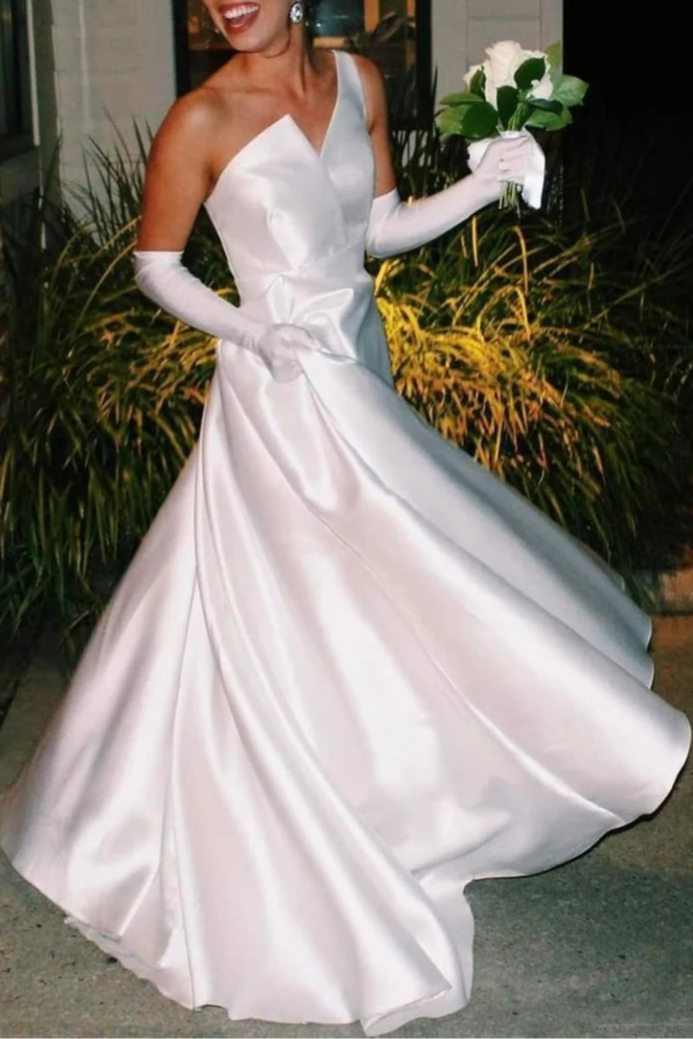Beautiful White Satin One shoulder Back Zipper Asymmetrical A-Line Long Wedding Dress