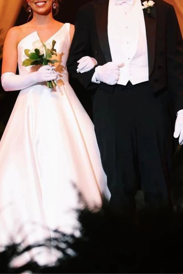 Beautiful White Satin One shoulder Back Zipper Asymmetrical A-Line Long Wedding Dress