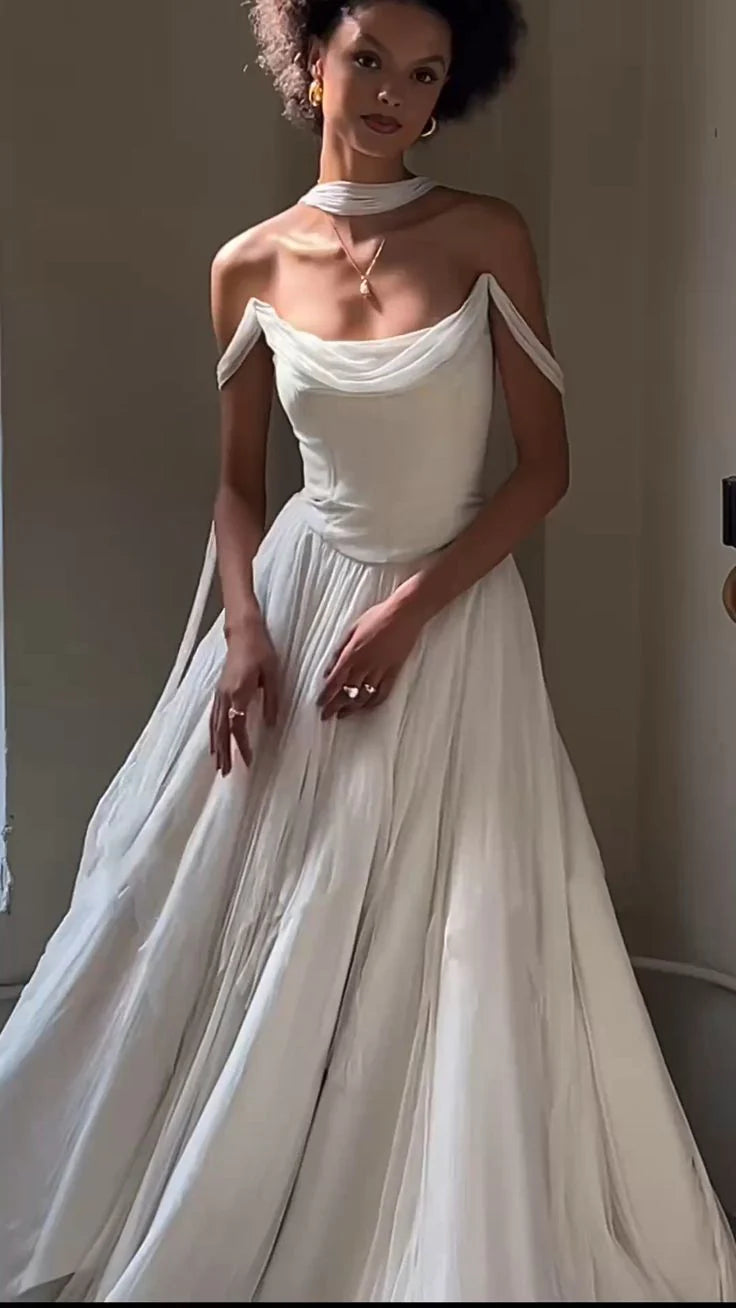 Beautiful White Tulle Draped Collar Off Shoulder Floor Length Wedding Dress Long Formal Dresses