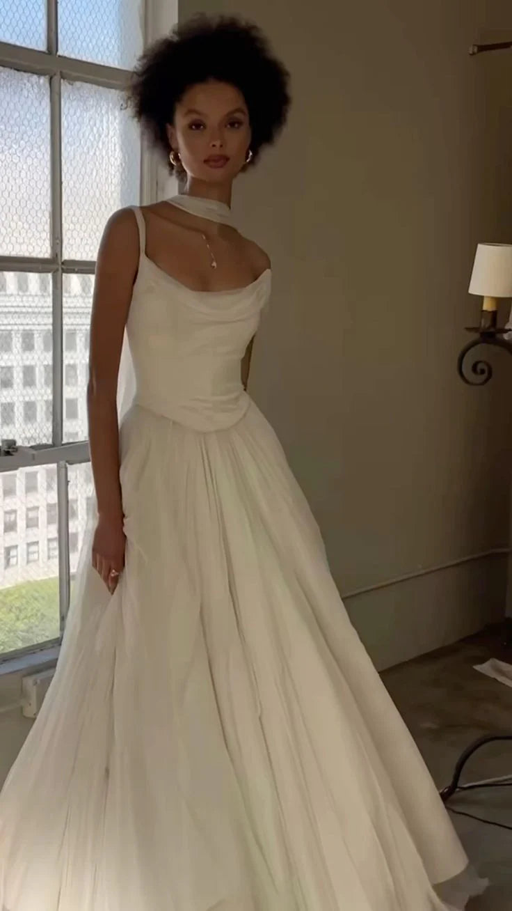 Beautiful White Tulle Draped Collar Off Shoulder Floor Length Wedding Dress Long Formal Dresses