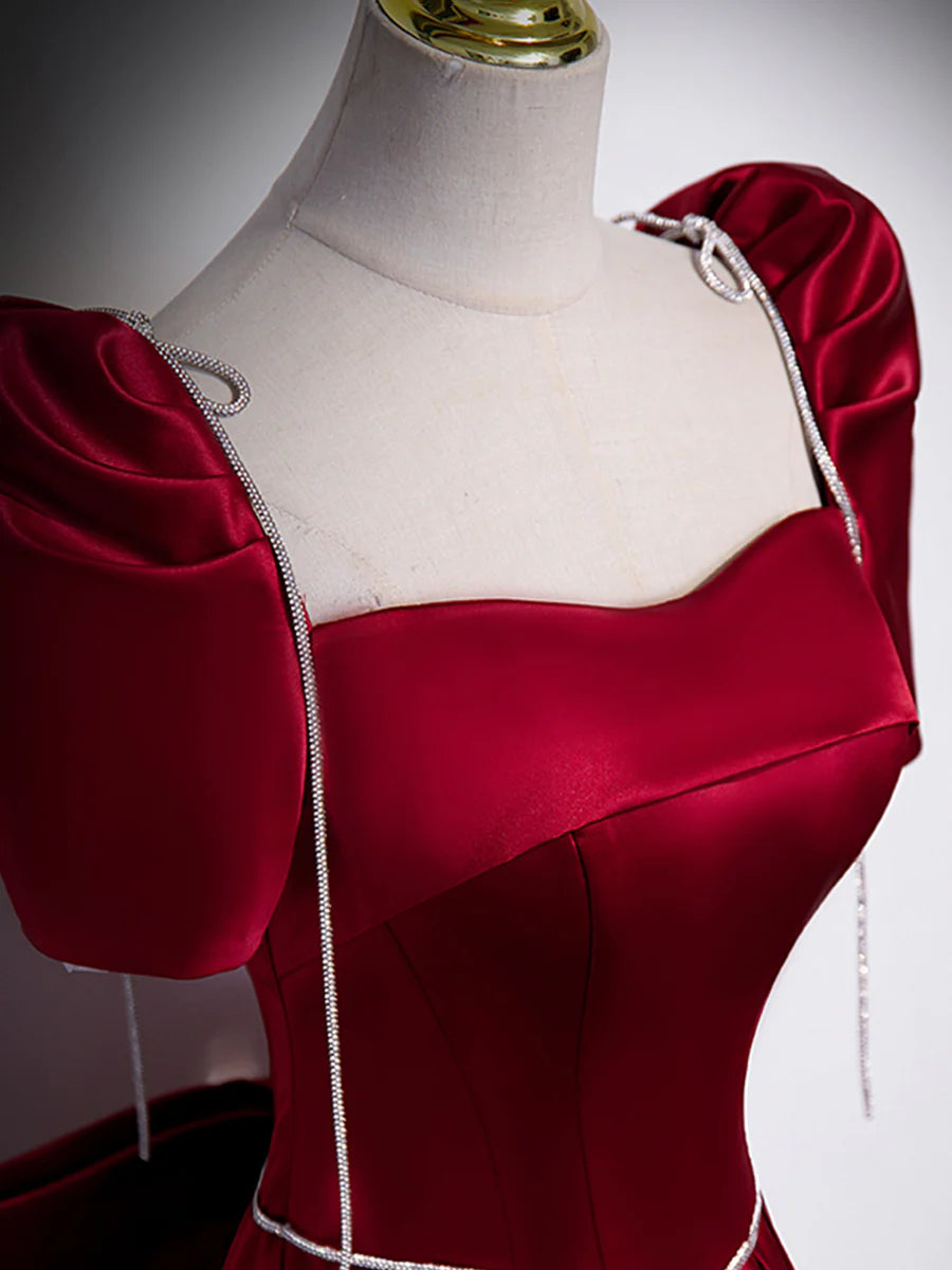 Beautiful Wine Red Satin Short Sleeve Floor Length Prom Dress With Bowknot Burgundy A-Line Evening Dress