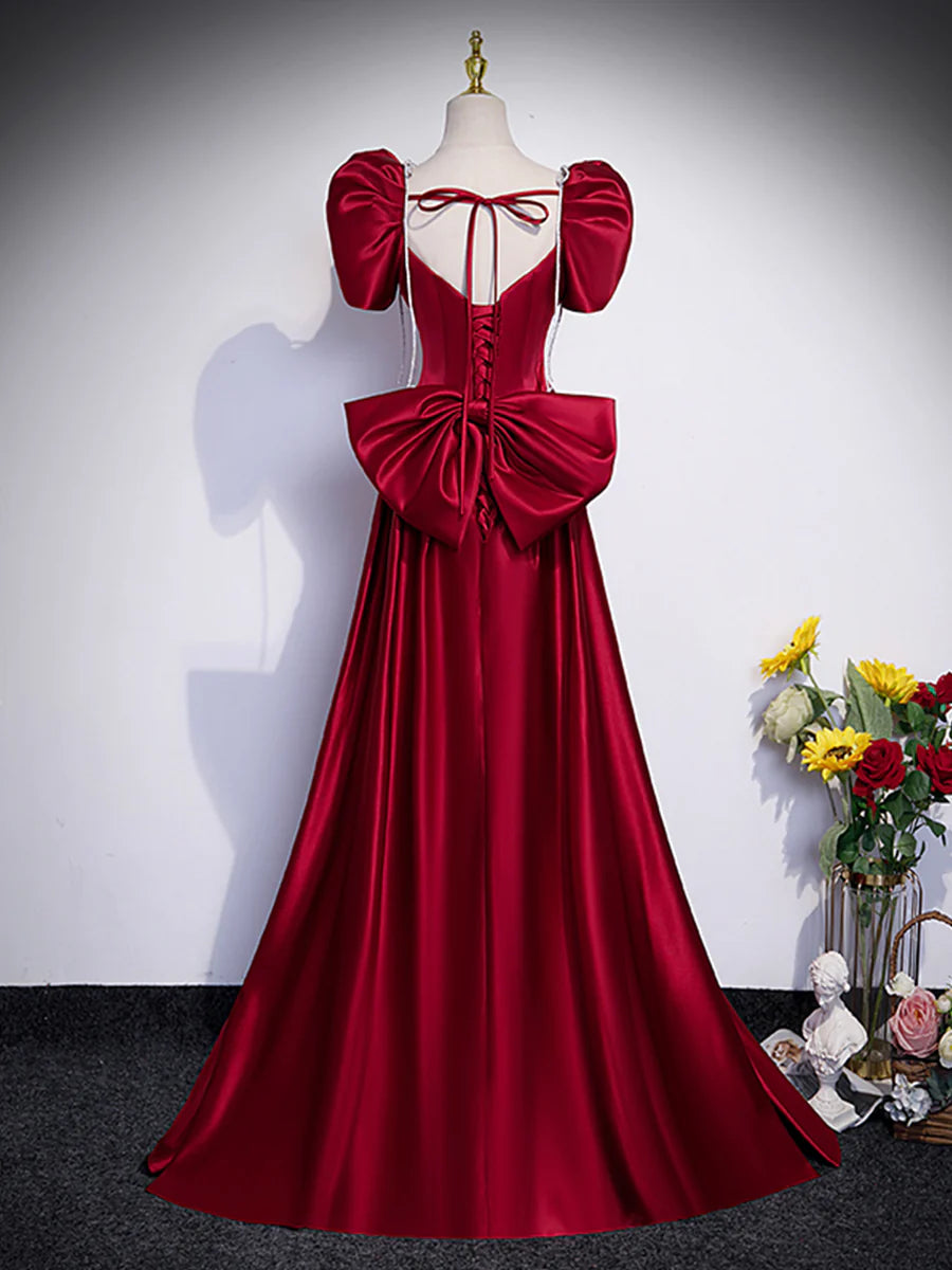 Beautiful Wine Red Satin Short Sleeve Floor Length Prom Dress With Bowknot Burgundy A-Line Evening Dress