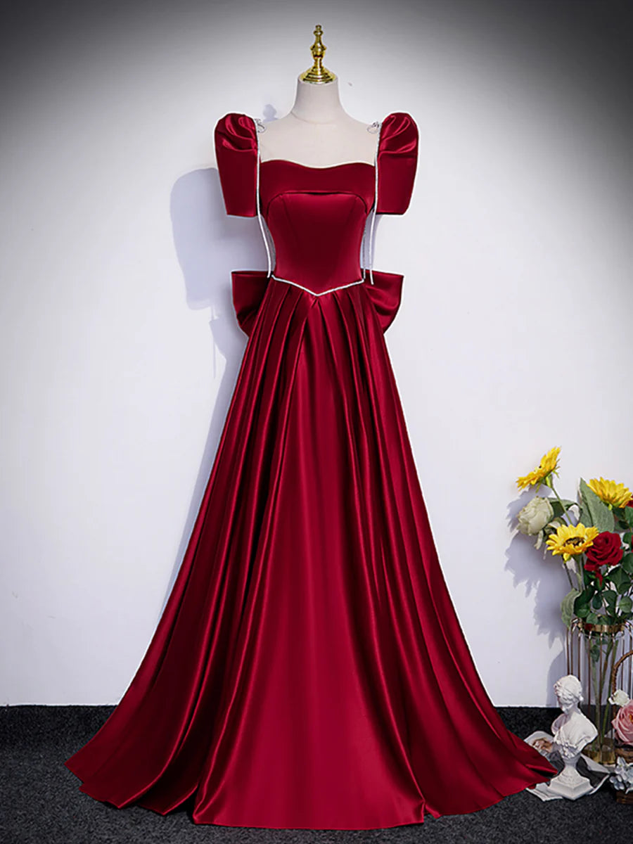 Beautiful Wine Red Satin Short Sleeve Floor Length Prom Dress With Bowknot Burgundy A-Line Evening Dress