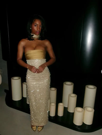 Beautiful Yellow Satin Sequin With Beaded Mermaid Strapless Long Party Dresses Prom Dress