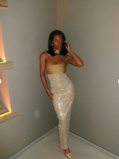 Beautiful Yellow Satin Sequin With Beaded Mermaid Strapless Long Party Dresses Prom Dress