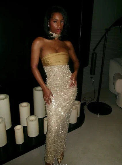 Beautiful Yellow Satin Sequin With Beaded Mermaid Strapless Long Party Dresses Prom Dress