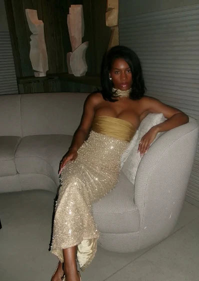 Beautiful Yellow Satin Sequin With Beaded Mermaid Strapless Long Party Dresses Prom Dress