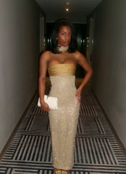 Beautiful Yellow Satin Sequin With Beaded Mermaid Strapless Long Party Dresses Prom Dress