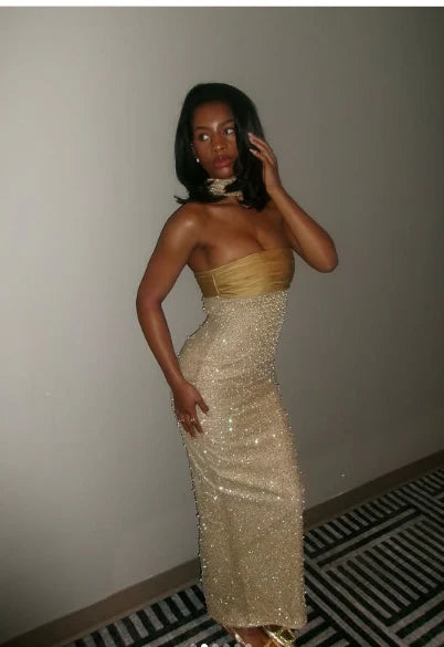 Beautiful Yellow Satin Sequin With Beaded Mermaid Strapless Long Party Dresses Prom Dress