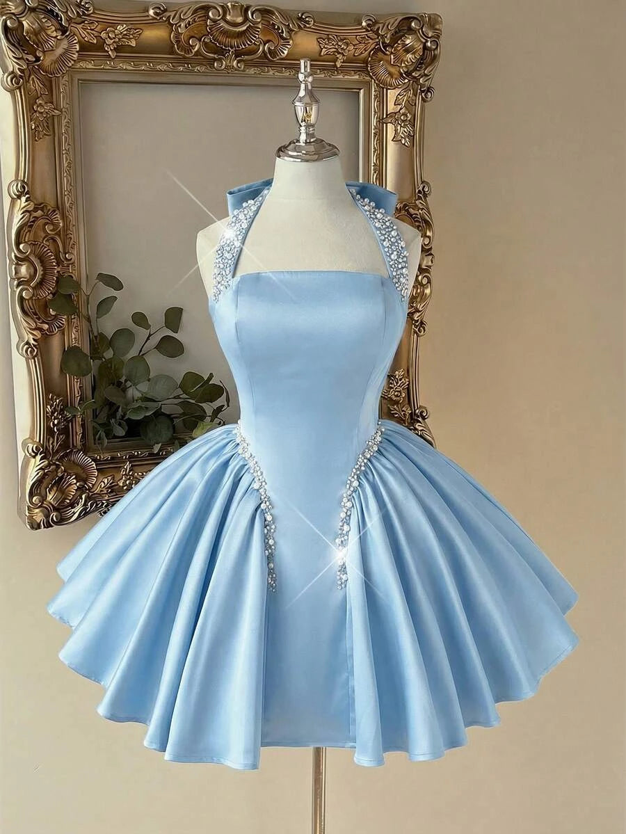 Beautiful A-Line Halter Beaded Pleated Satin Light Blue Short Homecoming Dresses