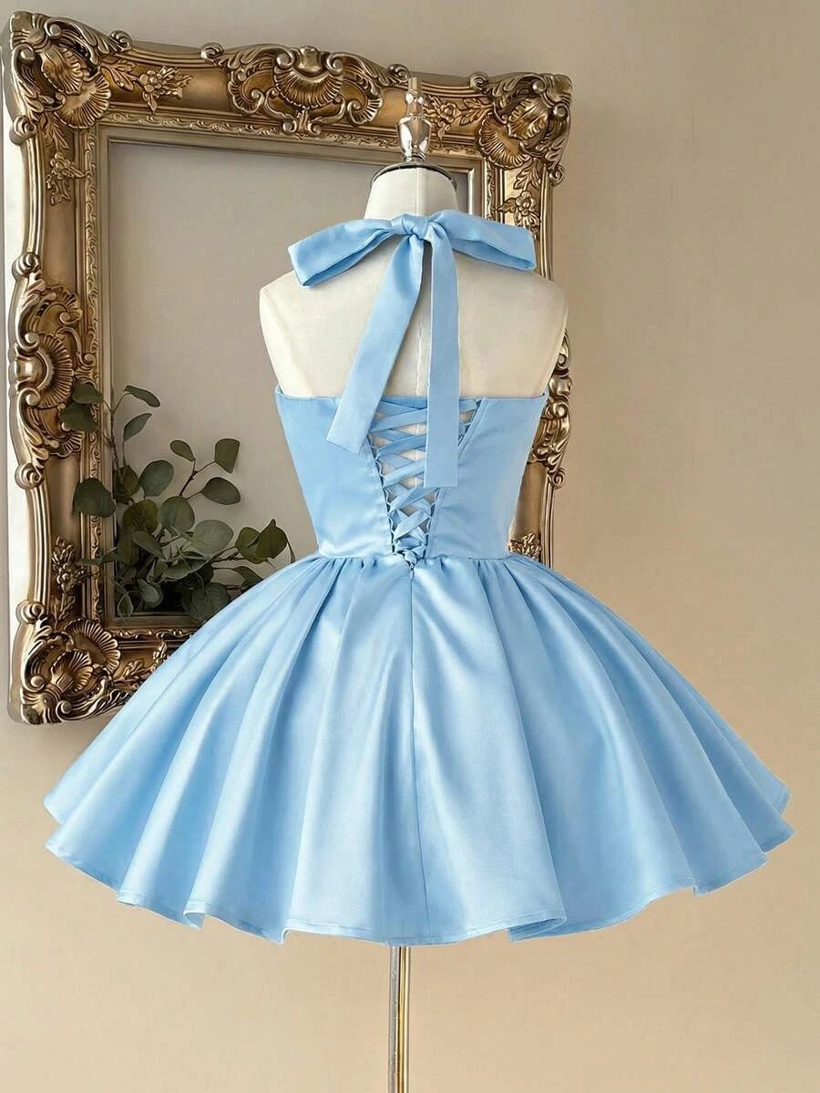 Beautiful A-Line Halter Beaded Pleated Satin Light Blue Short Homecoming Dresses