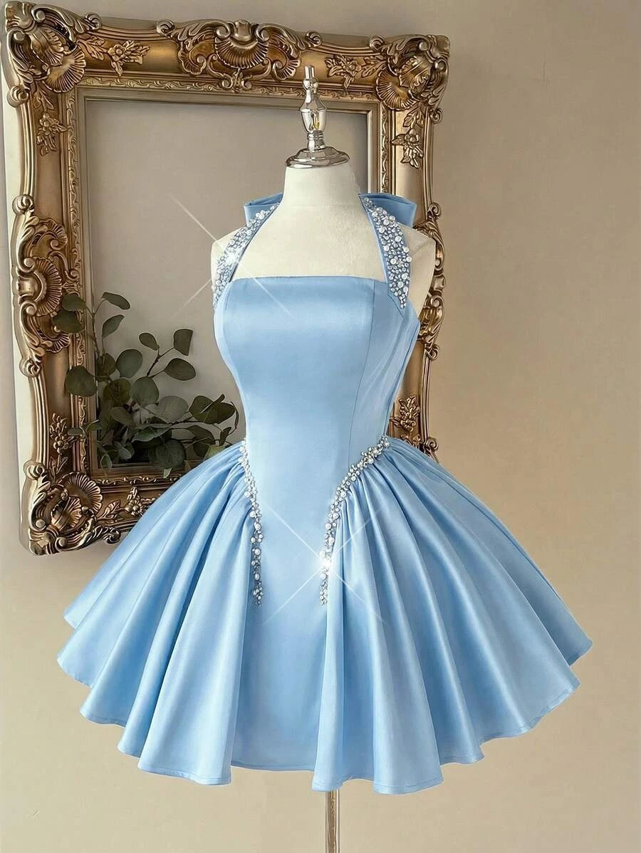 Beautiful A-Line Halter Beaded Pleated Satin Light Blue Short Homecoming Dresses