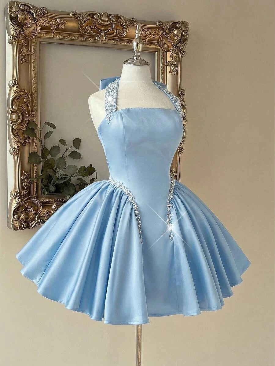 Beautiful A-Line Halter Beaded Pleated Satin Light Blue Short Homecoming Dresses