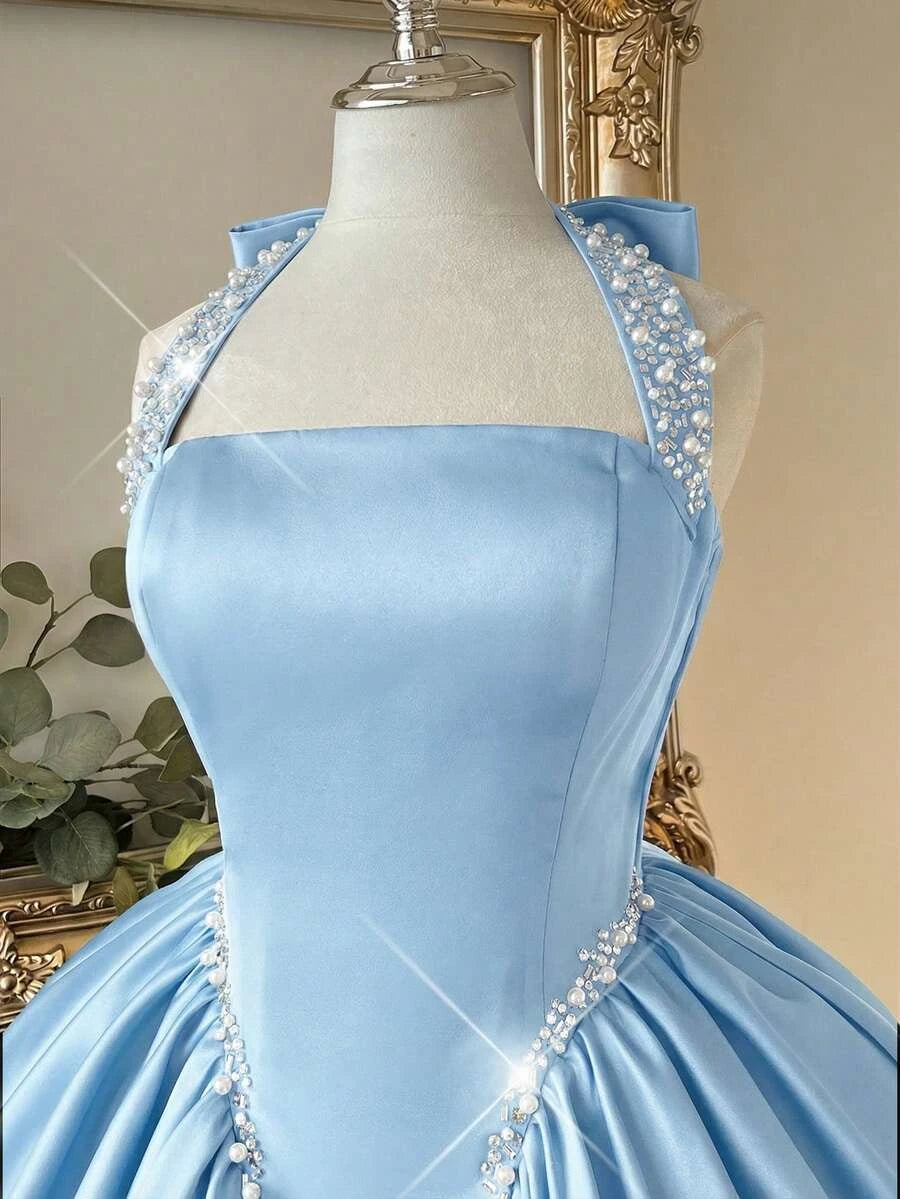 Beautiful A-Line Halter Beaded Pleated Satin Light Blue Short Homecoming Dresses